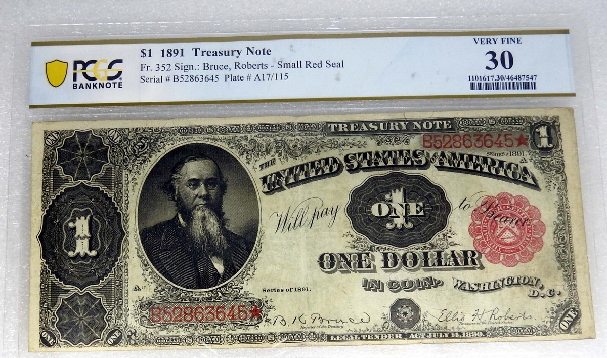 1891 $1 Dollar Treasury Note BILL Fr 352 SMALL RED SEAL PCGS