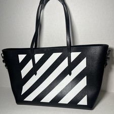 Off-white Women's Black Binder Diagonal Stripe Leather Tote Purse Bag