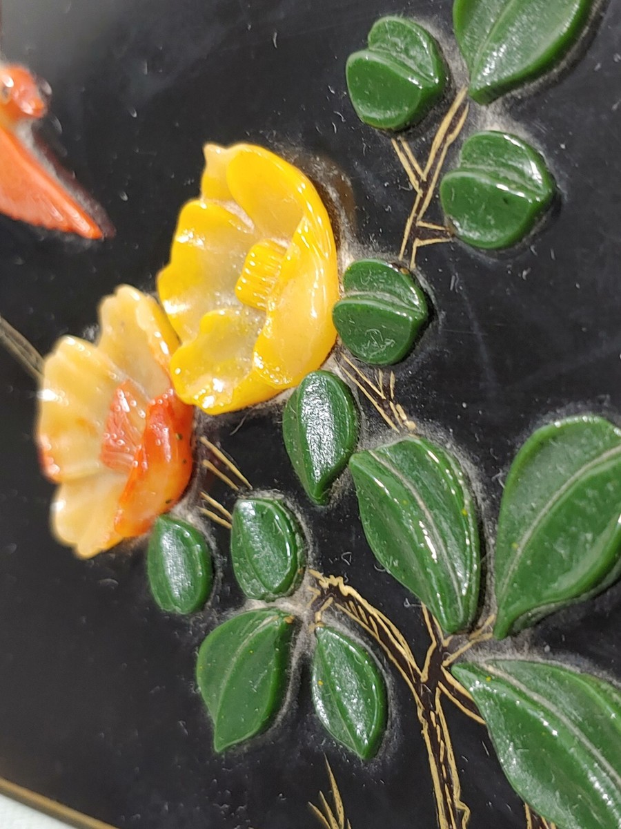 百宝嵌玉雕花鸟漆盒 Vintage Chinese Baibaoqian Jade Bird Lacquer