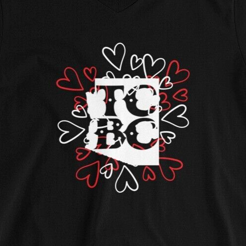TCBC Red White Love Hearts Logo V Neck Short Sleeve Black