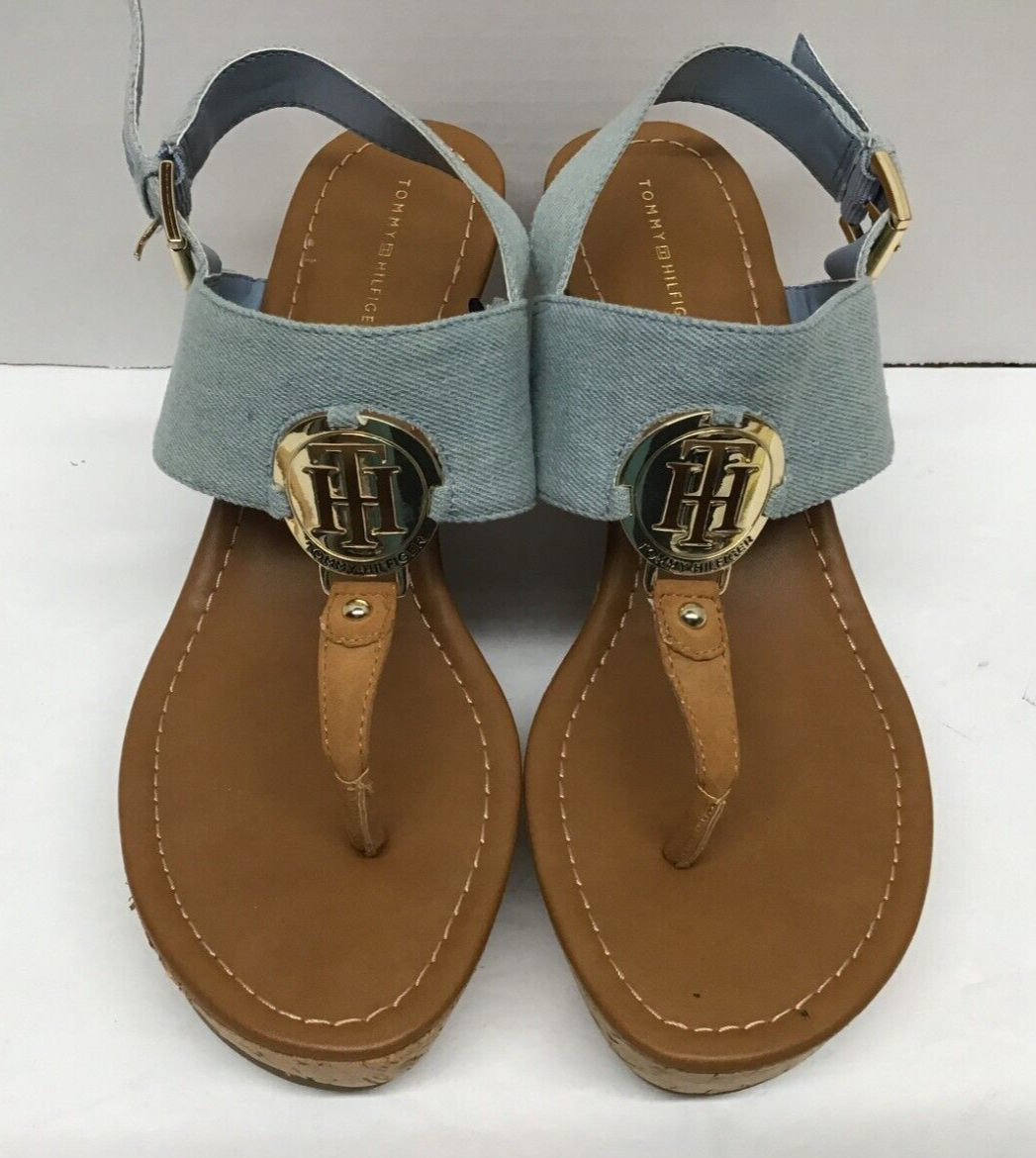 Tommy Hilfiger Manne Size 10 Denim Cork Wedge Heel Sandal