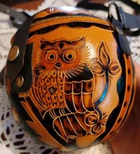 Vntg Hand Carved/Painted Round Cross Body Gourd Purse Moon Stars Owl Sun   Pics