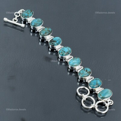 Valentines Deal Oval Tibetan Turquoise Gemstone Chain Bracelet Sterling Silver