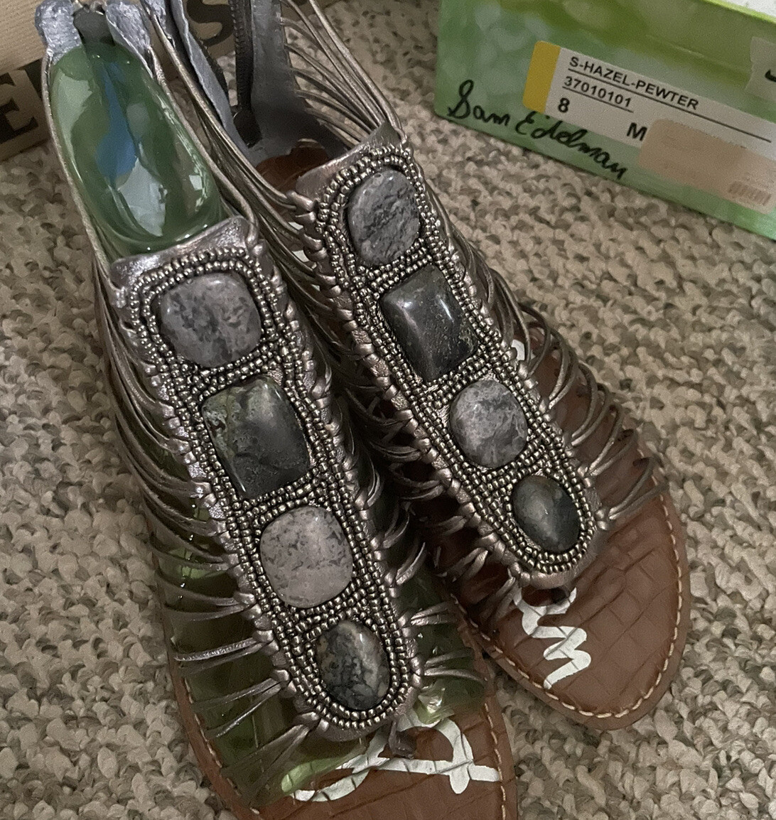 Gladiator Sandals size 8 pewter Leather Silver Hazel Beaded Shoes Sam