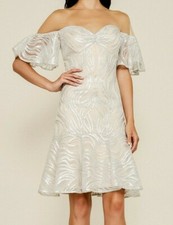 498 NWT TADASHI SHOJI Sz8 NERILLA EMBROIDERED TULLE RUFFLE SLEEVE DRESS SILVER