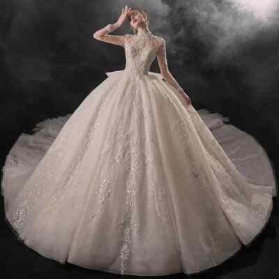 Exquisite Wedding Dress Ball Gown O-Neck Full Sleeves Bow