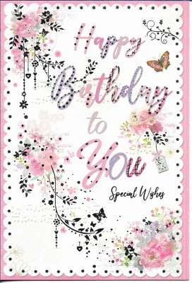 SIMON ELVIN OPEN FEMALE BIRTHDAY GREETING CARD 7"X5" PINK & PURPLE FLOWERS AND TEXT