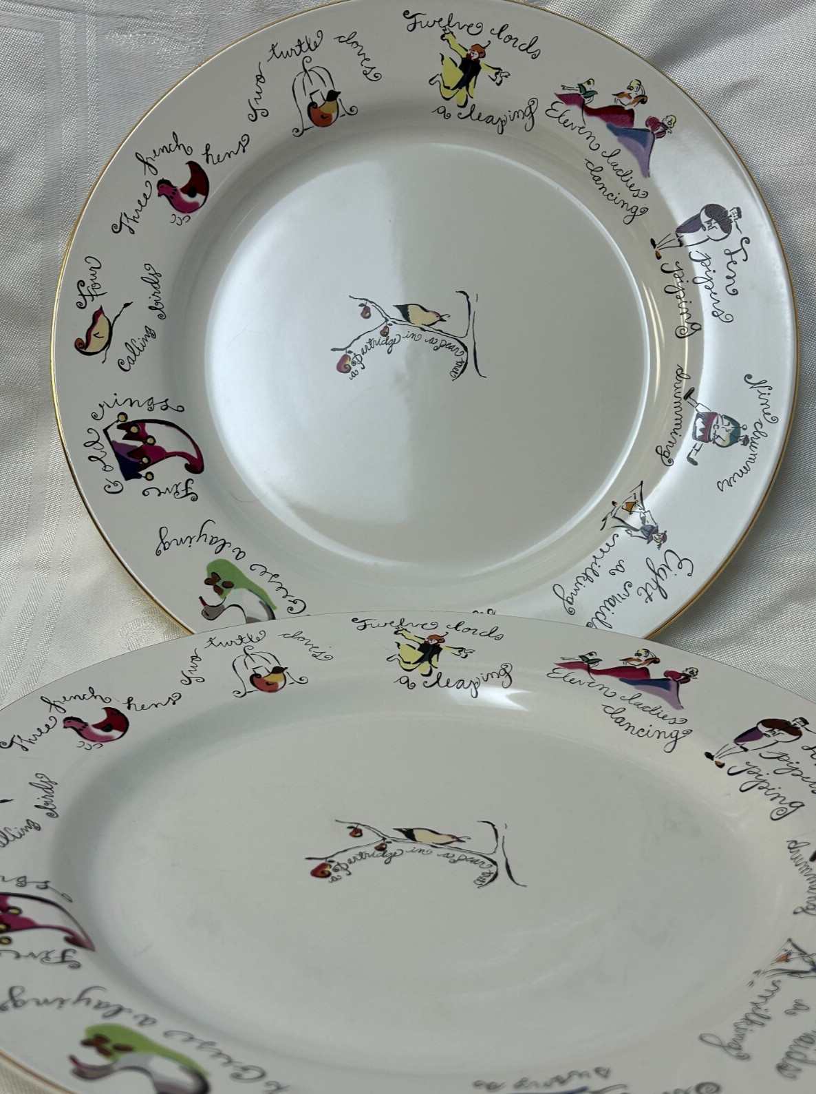 2 Rosanna Twelve Days of Christmas  Dinner Plates Holiday Retro 11" Gold Rim EUC