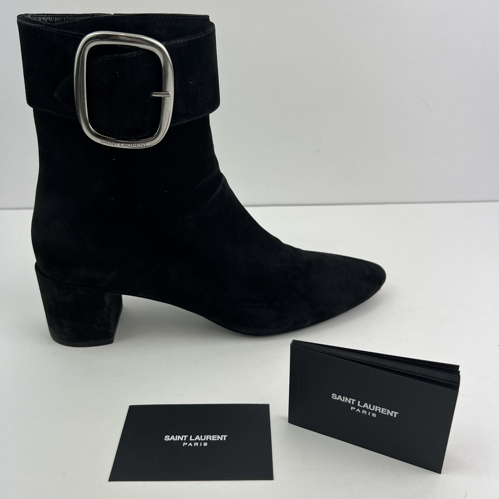 Stivali Saint Laurent YSL Joplin 50 pelle scamosciata tacco a blocco nero 38 5 prezzo al dettaglio $1 395 00