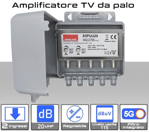 83PUU20 Emme Esse Amplificatore antenna TV 2 ingressi UHF 20dB regolabile