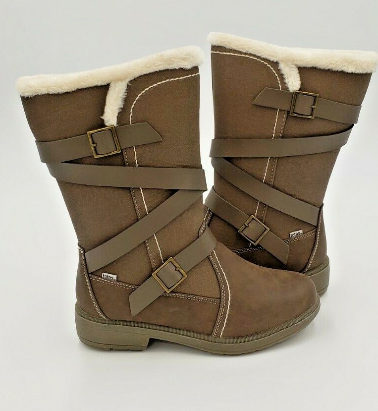 totes Diedre Women's Winter Boots Brown Quilted Faux Leather Faux Fur Lined