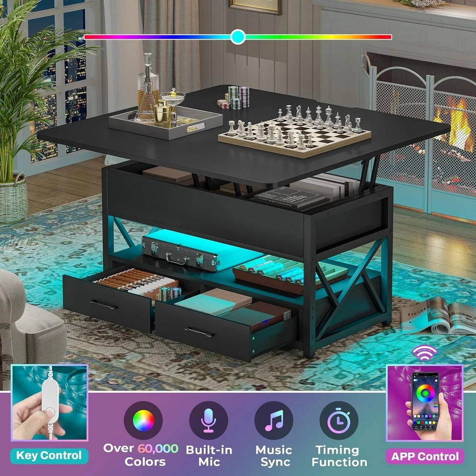 Mesa de Centro Elevable 40" con 2 Cajones y Luz LED, Mesa de Centro 4 en 1 (Negro) Foto 4 de 4