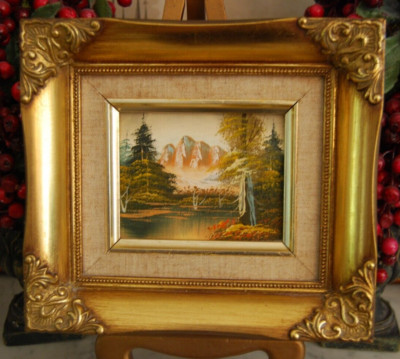 MINIATURE VINTAGE 70S FRAMED ORIGINAL OIL MOUNTAIN FOREST & LAKE LANDSCAPE SCENE