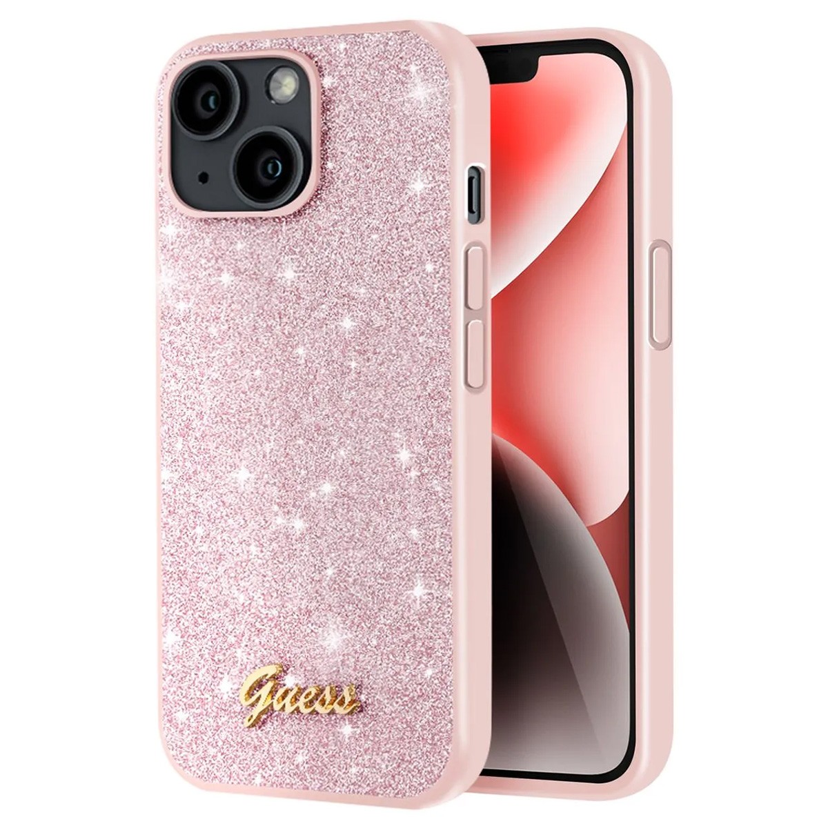 Coque iPhone 14 Guess rose pailletée protégeant des chocs au quotidien