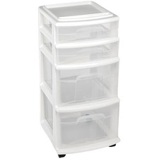 4-Tier Drawer Tower Cart, White Frame, Clear Drawers