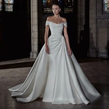 Off Shoulder Wedding Dress Detachable Train Satin Mermaid Pleated Bridal Gown