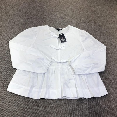Nautica Jeans Blouse Womens Small White Bow Pleated Long Sleeve Tunic NWT Top