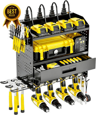 Heavy Duty Power Tool Organizer Wall Mount 4 Layer Storage Rack with 6 Drill Hol
