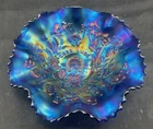 WONDERFUL VINTAGE CARNIVAL BLUE  NORTHWOOD GOOD LUCK RUFFLED BOWL BLUE HIGHLITES