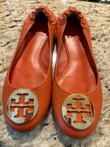 Tory Burch Reva Damen-Ballerinas orange & goldfarben Slipper Leder Größe 8