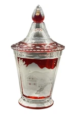 Bohemian Ruby Cut to Clear Lidded Jar Etched Landscape 10.25” Antique Glass