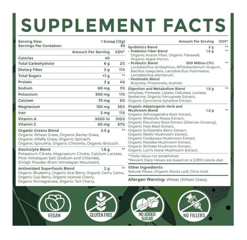 Mezcla de Verdes Orgánicas-Super Verdes Polvo Electrolitos y Hierbas Tónicas Foto 2 de 4