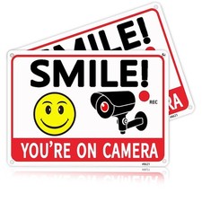 2 Pack Smile You're On Camera Signs,Aluminum, UV Ink Printed, Outdoor Video S...