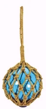 Japanese Glass Fishing Fish Net Float Buoy Weathered Rope Hand Knotted Blue 8"
