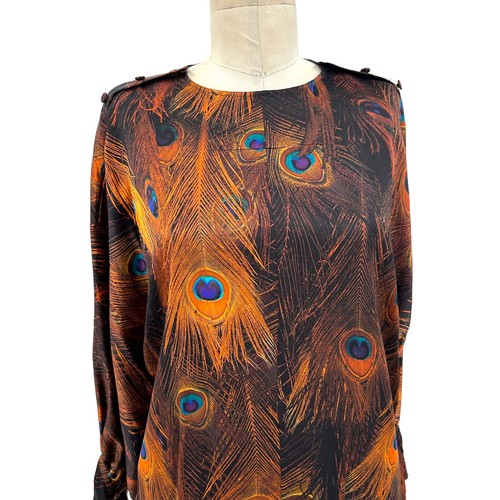 Givenchy Vintage Peacock-Print Poet-Sleeve Blouse Silk Brown Size 34 US 2 - Picture 2 of 11