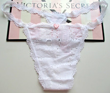 VICTORIA'S SECRET Cotton V-String Thong Panty VS White Pink Heart L LARGE NWT