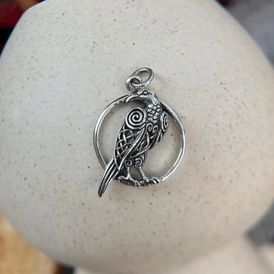 Sterling Silver Raven and Moon Pendant   Mystical Wiccan Charm