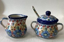 Unikat Polish Pottery Creamer And Sugar Set Blue Floral 1816 signed