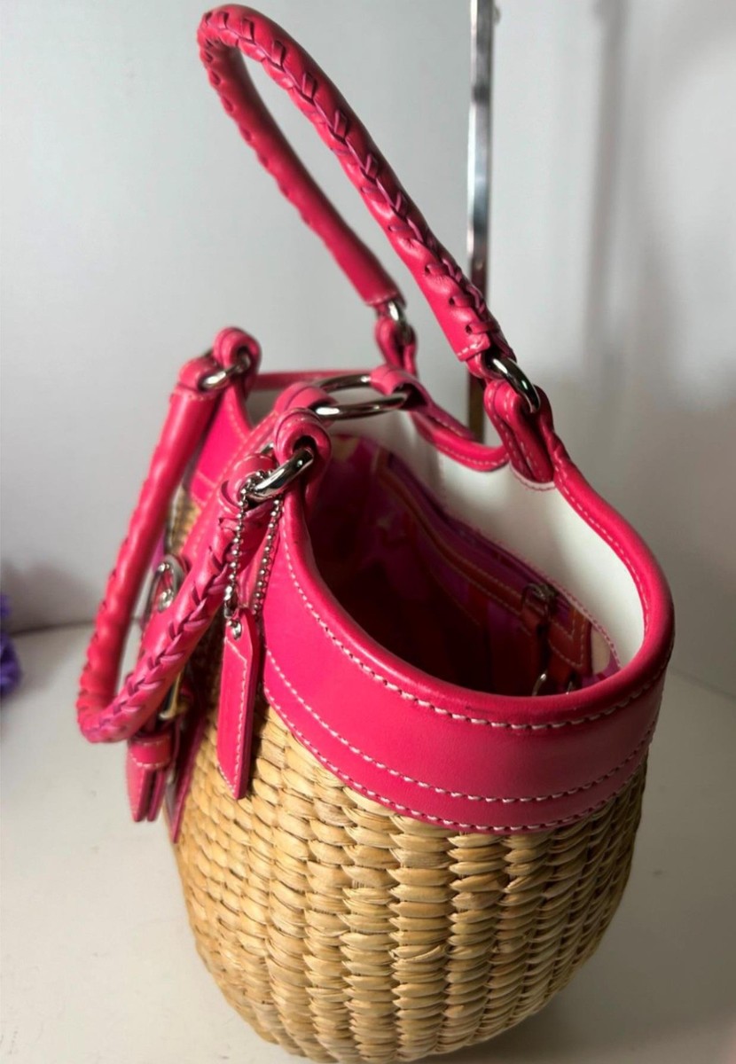 Coach Woven Straw/Wicker Dark Pink Leather Satchel Bag/Purse