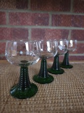 4 Vintage German Roemer Wine Glasses Gold gilding & Green Ribbed Stem Grape Vine