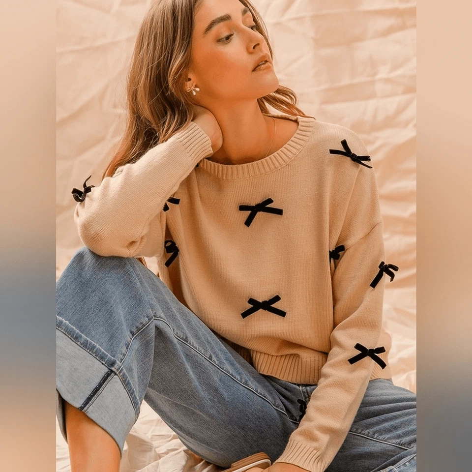 Женские SO ME лента бант аппликация свитер желтовато-коричневый черный бант акценты sz большой - Изображение 4 из 4