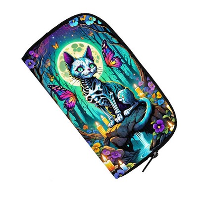Skeleton Cat Full Moon Butterfly Zip Around Wallet Gothic Day of Dead Purse