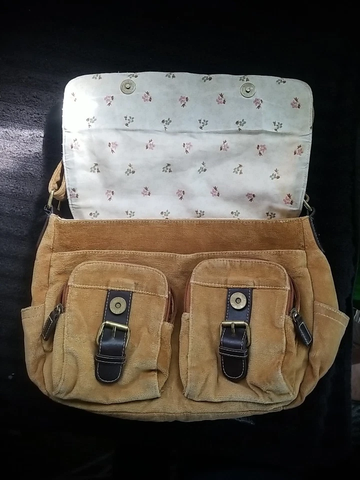 Vintage Y2K Brown Brushed Corduroy Crossbody Bag Purse Print Lined  - Image 4 of 4