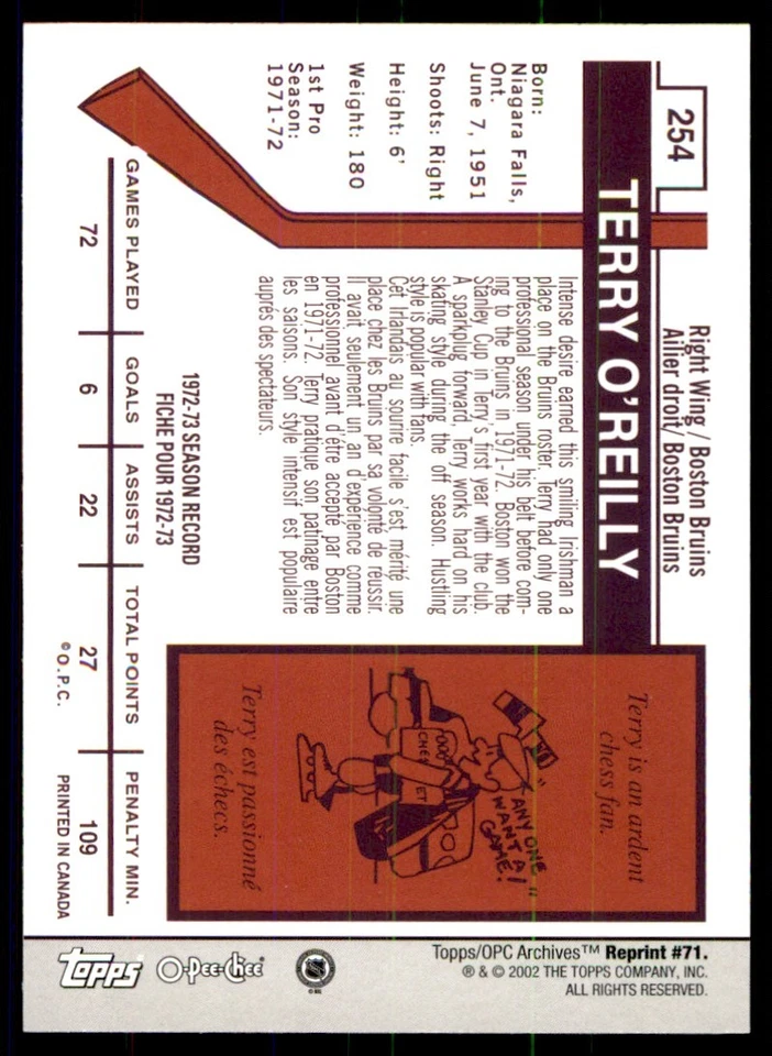 2001-02 Topps / O-Pee-Chee Archives Terry O'Reilly #71 - Image 2 of 2