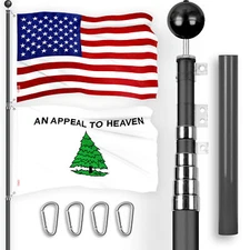 25Ft Telescoping Flagpole BLK & USA and An Appeal To Heaven Flags Emb 300D 3x5Ft