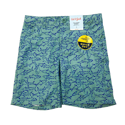 Cat & Jack Boys Size 8 Flat Front Shorts Adjustable Waist Pockets Sharks Green