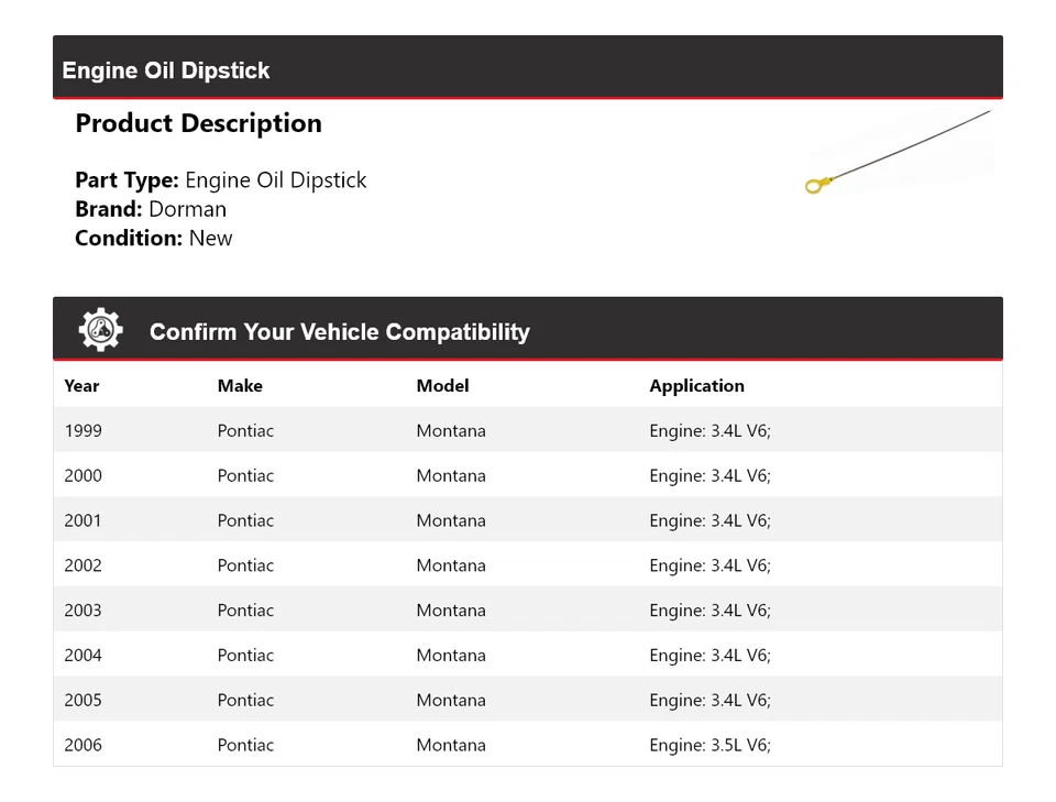 Varilla de medición de aceite de motor para Pontiac Montana Dorman 1999-2006 2000 2001 2002 2003 Foto 2 de 4