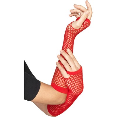 Womens LONG RED Fishnet Gloves Fingerless Mesh 80s Costume Net Elbow Length  NEW