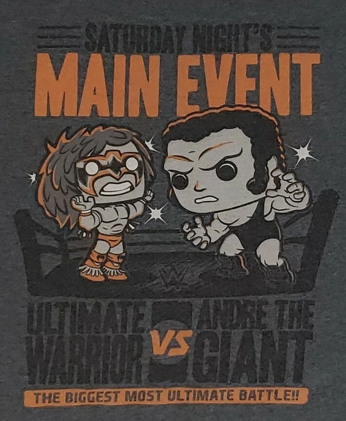 WWE Wrestling Main Event ANDRE THE GIANT ULTIMATE WARRIOR Sz Lg Dk Gray T-Shirt - Image 2 of 4