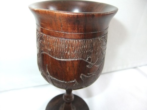 African Carved Wooden Goblet Rhinoceros & Elephant Tribal Folk Art Height 15x7cm - Picture 4 of 6