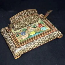 Persian Marquetry Inlaid Card Pen Holder Hand Painted Design Wooden