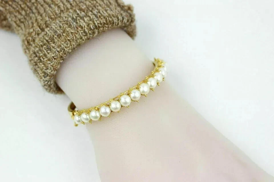 Женский браслет с круглым жемчугом лабораторной огранки 4 карата отделка желтым золотом 14 карат - Изображение 2 из 4