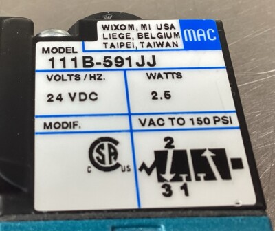 Elettrovalvola Mac Valves 111B-506AAAG A 3 Vie, 24 VDC (6W), Nuova