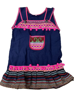 Thai Indigo Dress With Pom Poms In Size 4T