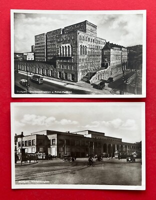 2 x Photo Postcard Stuttgart around 1938 Post Office and Hindenburg Construction with Road Construction (128954