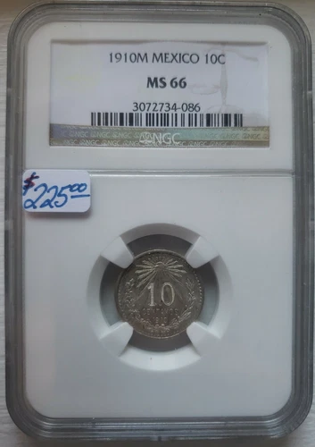 MEXICO 1910M  10 CENTAVOS COIN, CERTIFIED UNCIRCULATED NGC MS66